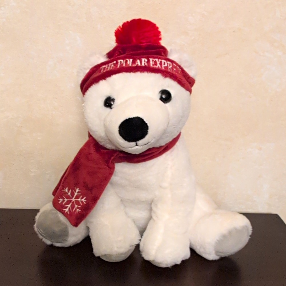 The Polar Express Polar Bear Plush Stuffed Animal Red Hat Scarf Snowflake 13"
